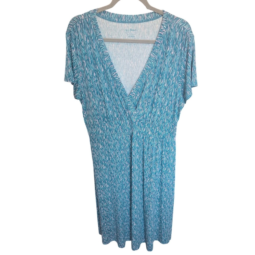 LL Bean Midi Wrap Dress Jersey XL Teal Green Print V-neck Short Sleeve Cottage